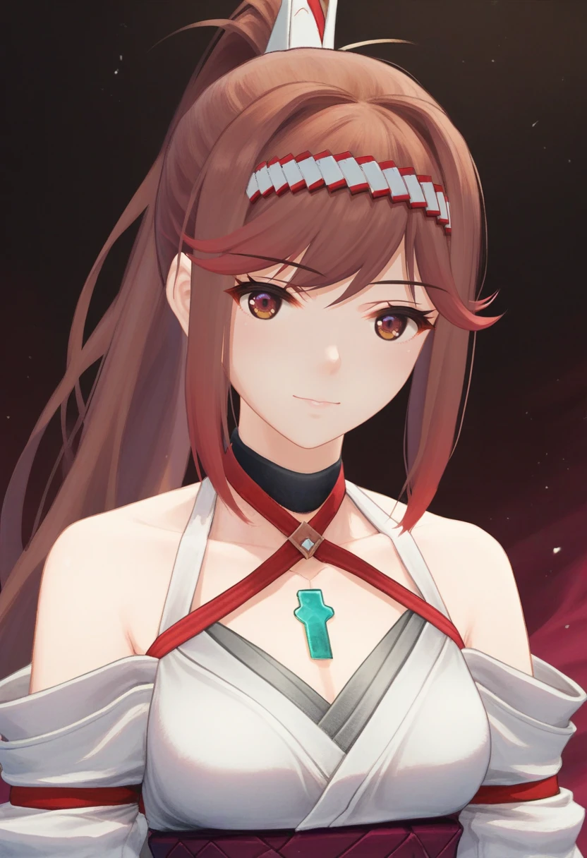 score_9, score_8_up, score_7_up, 1girl, solo, halterneck kimono, black choker, upper body, brown eyes, chest jewel, glimmer, ponytail, hairband<lora:glimmer xl 044 fro 95:1>