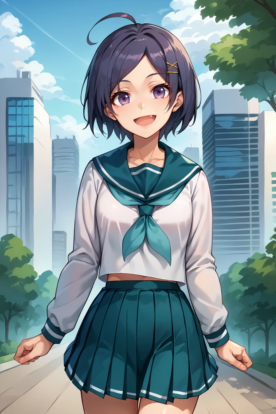 score_9, score_8_up, score_7_up, source_anime, cowboy shot, looking at viewer, smile, open mouth, kmchkgy, purple eyes, short hair, hairclip, serafuku, long sleeves, pleated skirt, black kneehighs, outdoors, tree, blue sky, skyscraper, <lora:Hoseki_Oregairu_KomachiHikigaya_PDXL_v1:1>