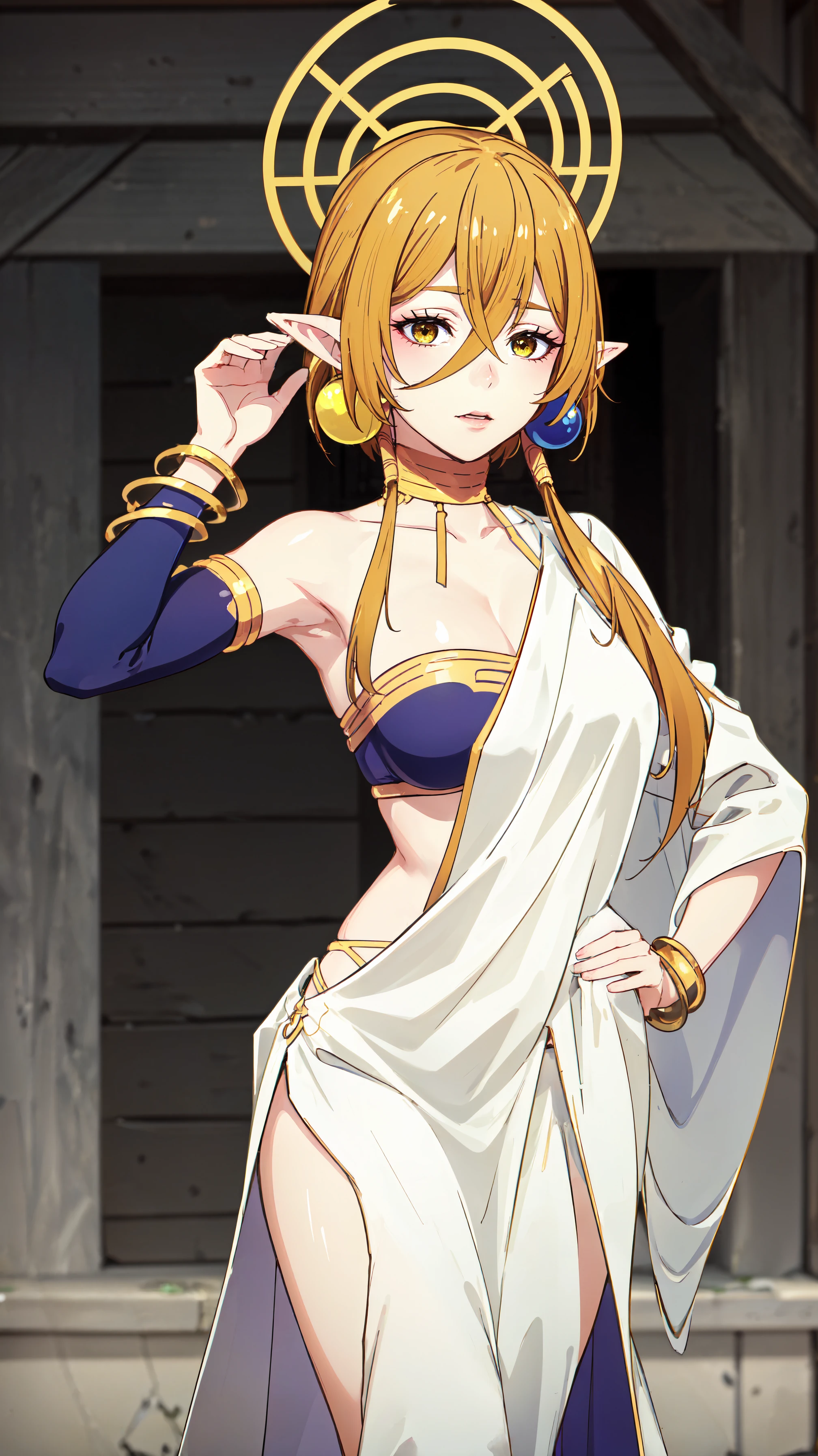 photorealistic, (4k), depth of field, (Masterpiece), (realistic skin texture), extremely detailed, intricate, hyper detailed, professional photography, bokeh, high resolution, sharp detail, best quality, woman, short hair, blonde hair, yellow eyes, long twintails, pointy ears, halo, gold and purple earrings, detached sleeves, gold choker, white and purple robe, robe over one shoulder, gold bracelets, <lora:GoodHands-vanilla:0.4>, <lora:detail_slider_v4:0.8> , dynamic pose, (one hand on her hip, one hand behind her head), <lora:Hiya-000004:0.8>