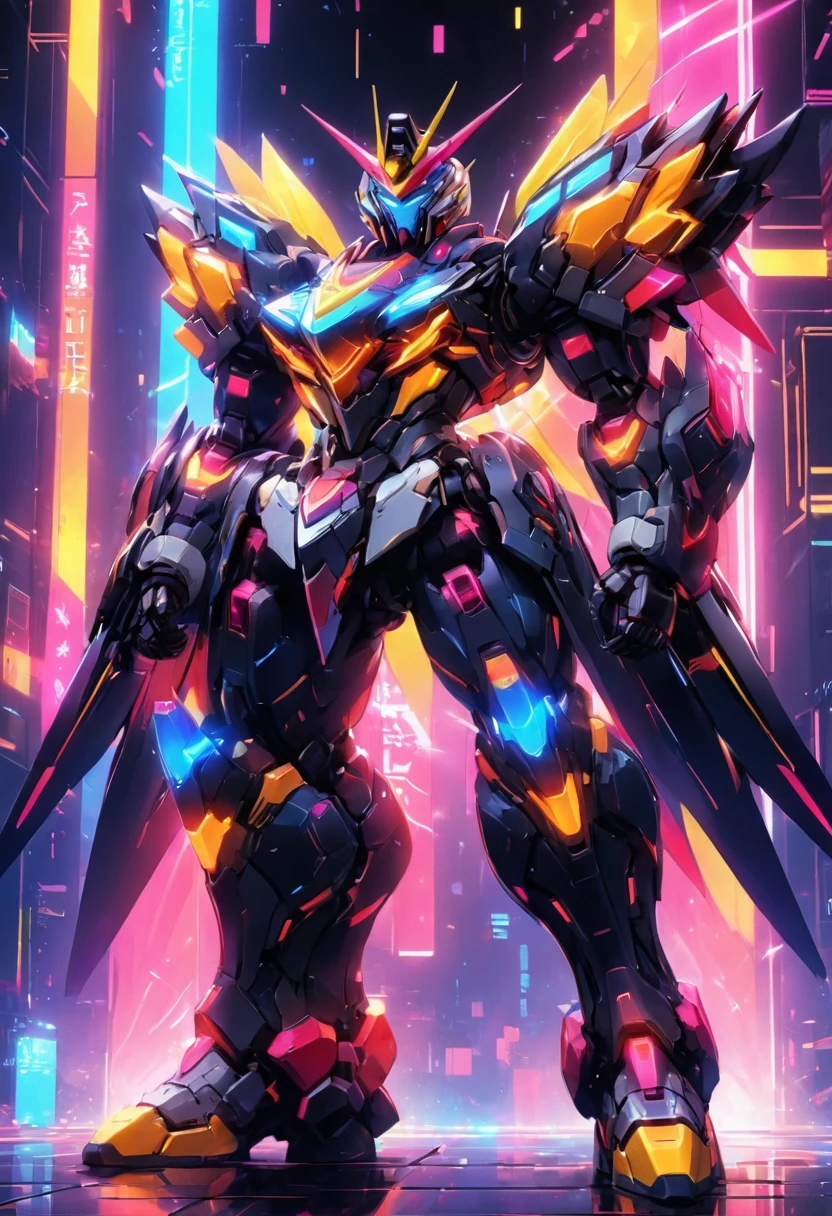 Game Illustration,League of Legends Splash Art,Gundam RX-78An abstract neon design of a glowing,intricate details and neon - colored patterns,set against a dark,abstract background,full body,cyberpunk,science fiction<lora:p19-nijimecha-000006:0.7>,nijimecha,<lora:Hyper-SDXL-8steps-CFG-lora:0.3>,