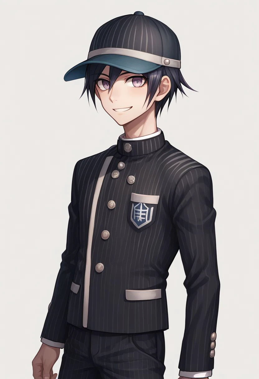 score_9, score_8_up, source_anime, highly detailed, 1boy, solo, skinny,
shuichi, 1boy, male focus, solo, striped, hat, black hair, upper body, short hair, pants, pinstripe pattern, baseball cap, gakuran, school uniform, smile,
indoor,