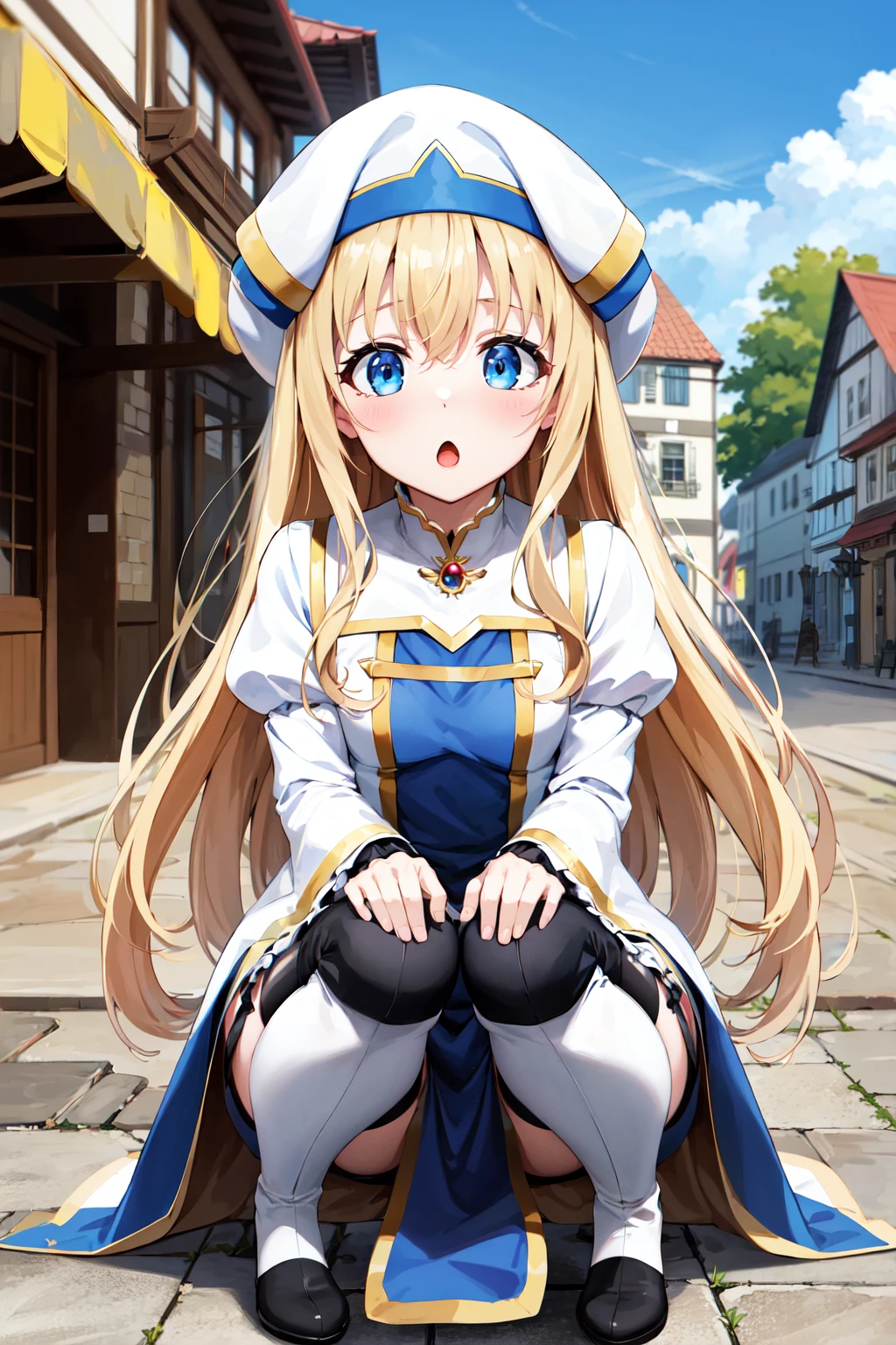 masterpiece, best quality, highres, aapri, long hair, white headwear, small breasts, white dress, puffy sleeves, long sleeves, pelvic curtain, thighhighs, thigh boots, <lora:priestess_(goblin_slayer!)_v1:0.7>, squatting, :o, town