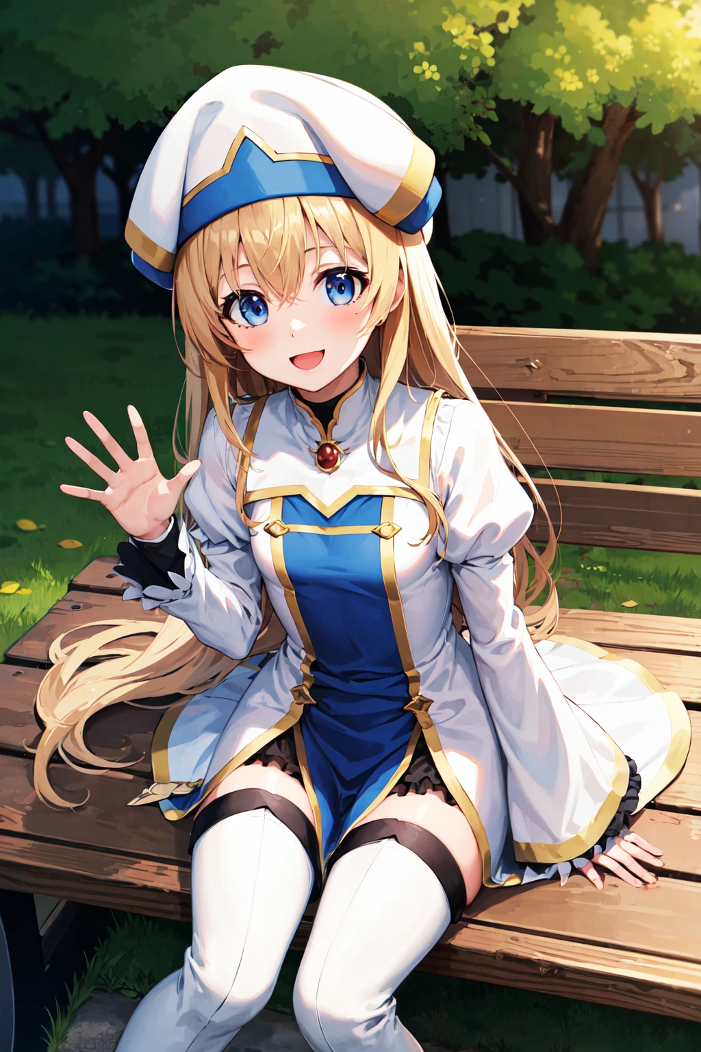 masterpiece, best quality, highres, aapri, long hair, white headwear, small breasts, white dress, puffy sleeves, long sleeves, pelvic curtain, thighhighs, thigh boots, <lora:priestess_(goblin_slayer!)_v1:0.7>, sitting, waving, bench, outdoors, smile