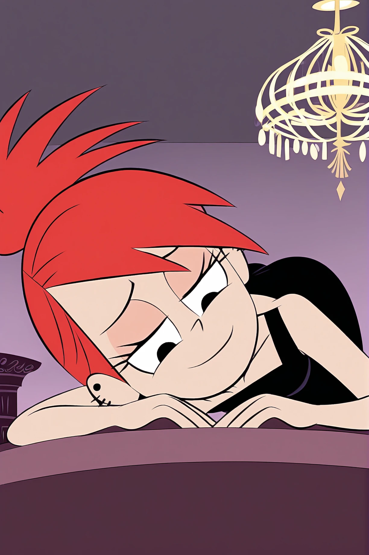 FrankieFoster, solo, expensive bedroom, chandelier, black dress, smug, beautiful, on all fours, ass up , crawling on viewer, from below, collarbone , head tilt, on viewer , close up, <lora:FrankieFosterCartoonXL-10:0.8>