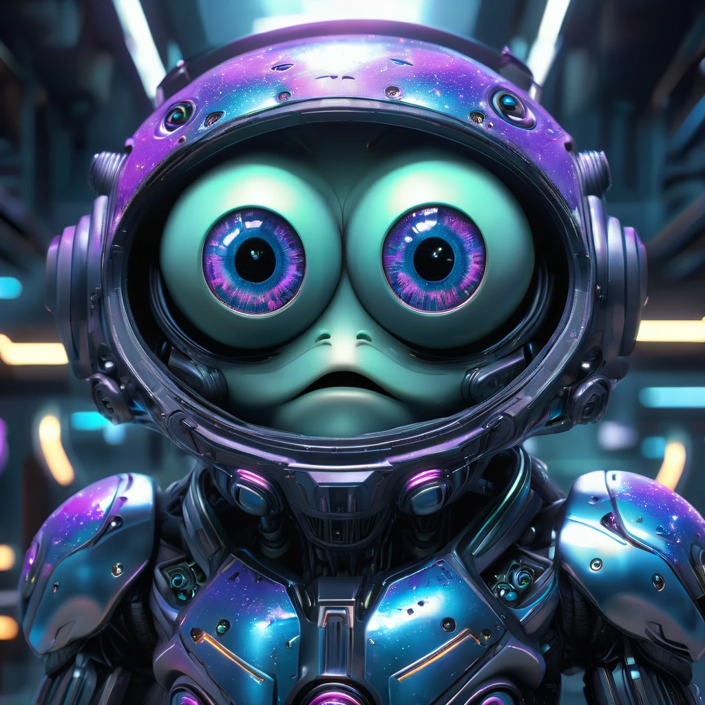 cinematic shot of little cyborg alien, big cute eyes, galaxy reflextion in the eyes, the alien got galaxy skin, standing inside a futuristic spacestation, HD, masterpiece, best quality, hyper detailed, ultra detailed,