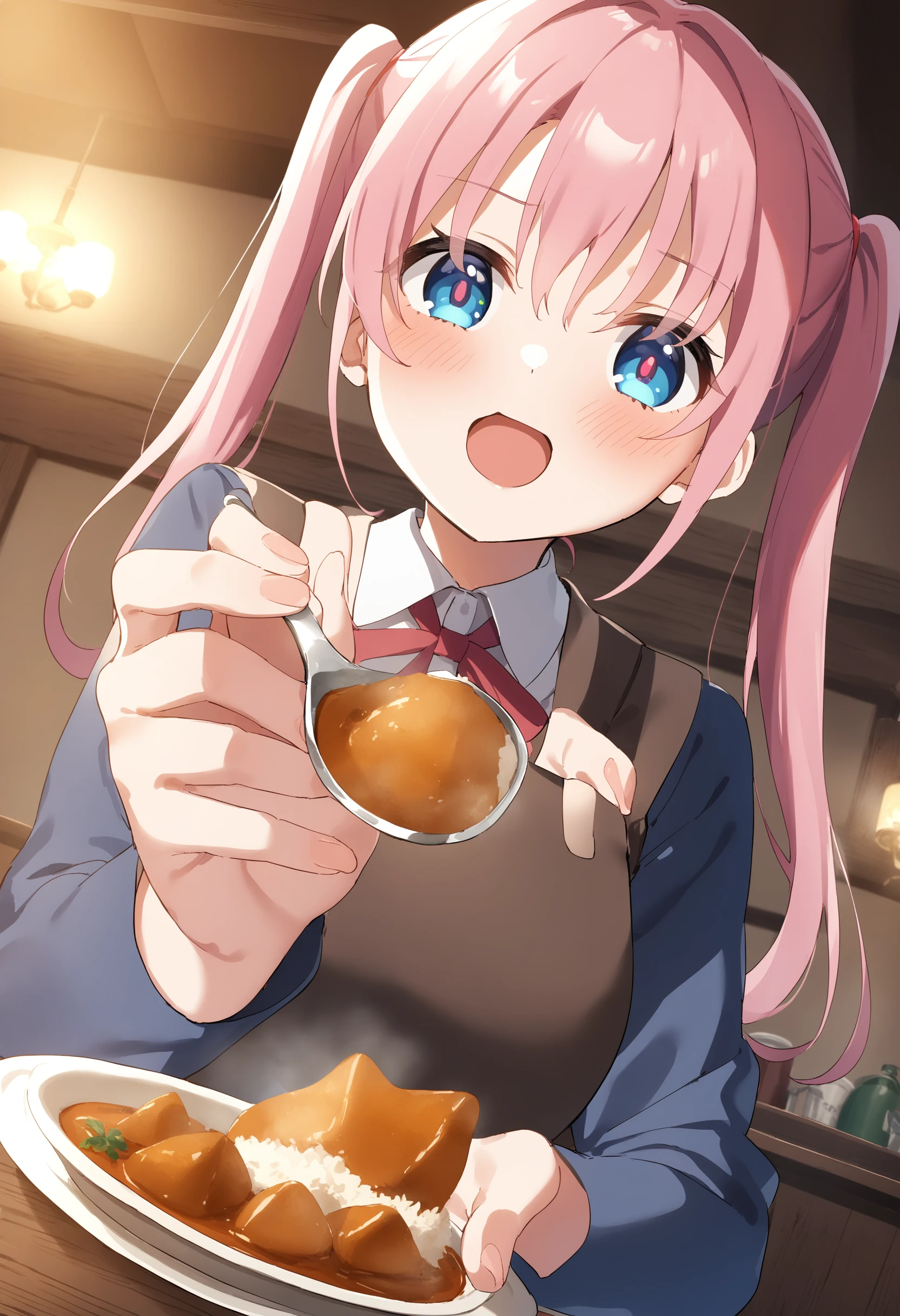 1girl,sincos, ningen mame, toosaka asagi,solo,medium breasts,school uniform,
feeding, food, open mouth, incoming food, looking at viewer, holding spoon, curry, <lora:feeding_XL_v1:0.9>
from below, wide shot, pink hair, blue eyes,embarrassed, in tavern, short twintails hair,,
best quality, very aesthetic, absurdres