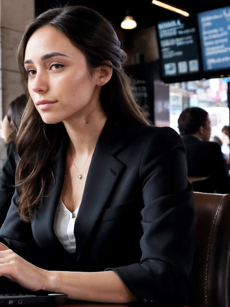 1girl, sitting in a bustling cafe in new york city, portfolio, laptop, brunette, expensive business suit,
<lora:cynthia-synth-sd15-lora-1:0.8>