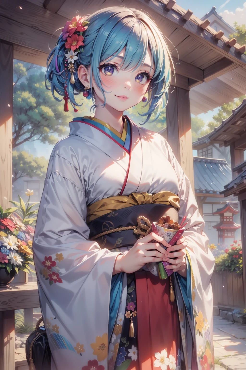 Role-playing game (RPG) style fantasy <lora:rainbow girl 1.1:0.7>,rainbow girl,colorful,1girl,solo,japanese clothes,obi,kimono,smile,blush,flower,hair ornament,floral print,cowboy shot,, 8k, best quality, masterpiece, rule of thirds, superb, high resolution, sharp focus, extremely detailed description, professional, gorgeous and intricate details, . Detailed, vibrant, immersive, reminiscent of high fantasy RPG games