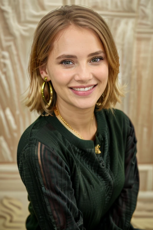 a Realistic portrait of a * woman, looking at the viewer, detailed face, detailed eyes, (smiling showing teeth:1.1), modelshoot style, hand on own shoulder, wearing a green sweater with long sleeves, wearing gold earrings and jewelry, soft lighting, professional Photography, Photorealistic, detailed, standing in a dark Studio Room background, blurred background, RAW, analog, sharp focus, 8k, HD, DSLR, high quality, Fujifilm XT3, film grain, award winning, masterpiece
 <lora:joanna kulig v1.0:1>