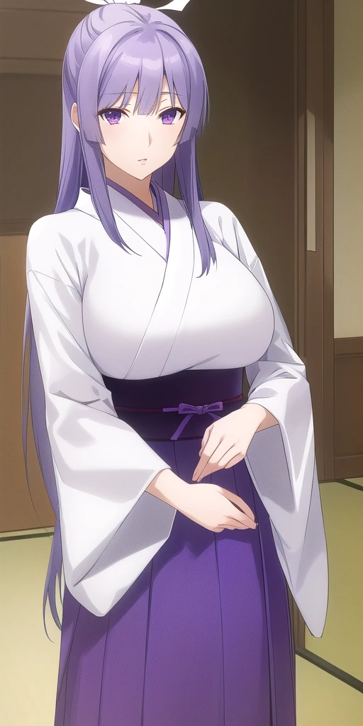 <lora:MiyaV3:0.7> asama_miya, huge_breasts, standing, solo, white_hair hair_ribbon, Miko_White_kimono_Purple_hakama_skirt_Wide_sleeves_Purple_sash, masterpiece, best_quality, detailed_face, detailed_eyes, highres, beautiful, detailed, absurdres,