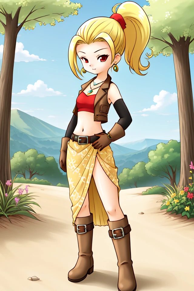 1 girl, outdoors, forest,
 <lora:Harvest_Moon_Hero_of_Leaf_Valley_-_Gwen:0.5> holvgwen, blonde hair, red eyes, ponytail, red scrunchie, earrings,
brown vest, red bandeau, midriff, belt, yellow skirt, long skirt, thigh slit, black socks, brown gloves, detached sleeves, bare shoulders, brown boots, necklace, forehead,