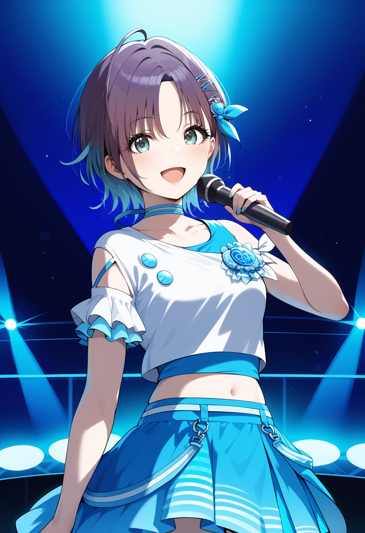 score_9, score_8_up, score_7_up, score_6_up, score_5_up, score_4_up, source_anime, bbtoru, short hair, gradient hair, ahoge, hair ornament, hair ribbon, blue choker, collarbone, idol clothes, white shirt, shoulder cutout, short sleeves, midriff, blue skirt, <lora:asakura_toru_ponyxl_v1:0.9>, outdoors, standing, holding microphone, stage, smile, open mouth,