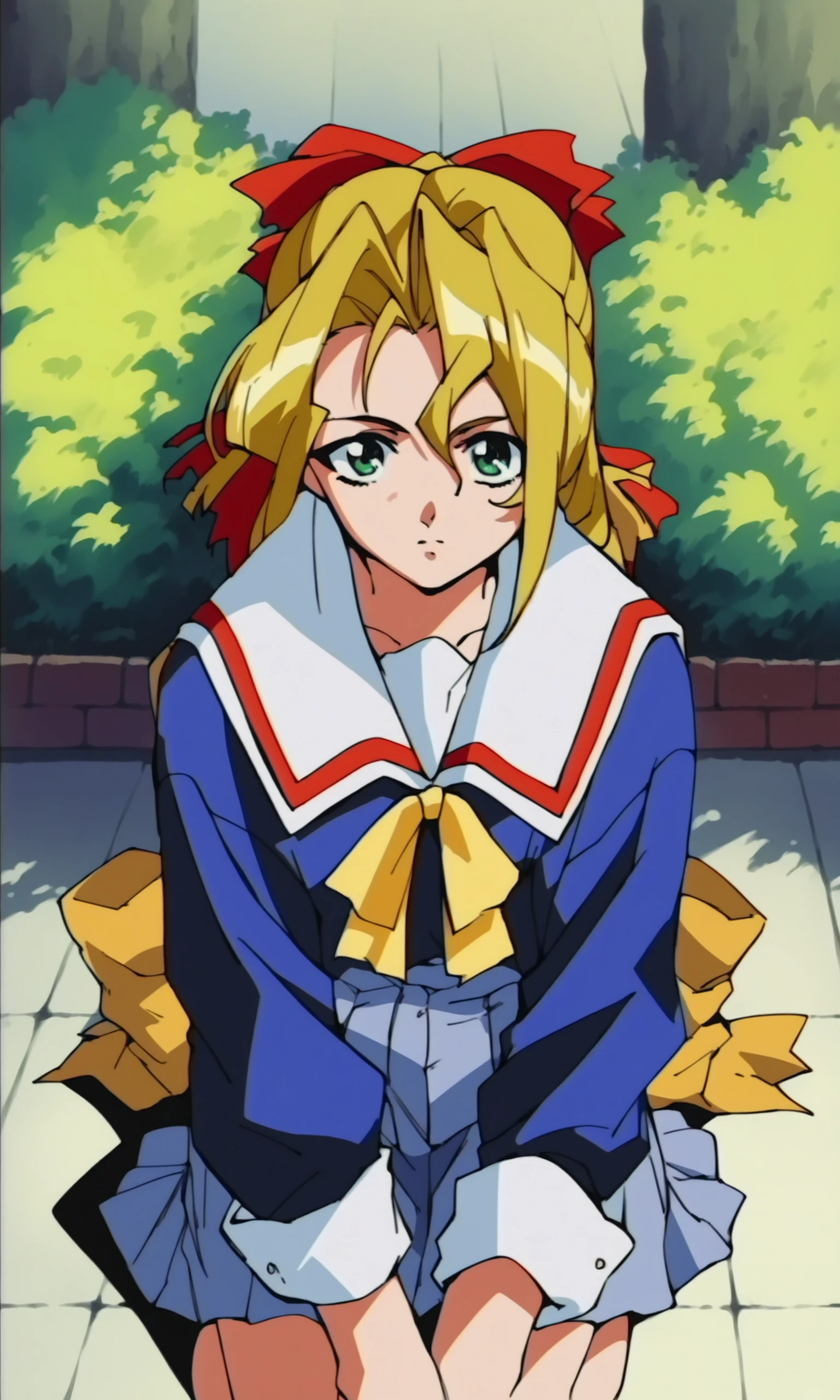 (score_9,score_8_up,score_7_up),source_anime,
1990s anime,1girl,yellow hair bows,school uniform,kneeling,looking at viewer,green eyes,sitting,