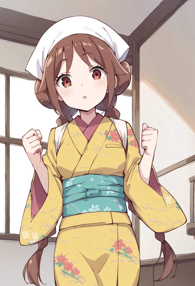 score_9, score_8_up, score_7_up, source_anime BREAK
tachibana yuzuki, 1girl, japanese clothes, kimono, solo, brown hair, twin braids, sash, yellow kimono, open mouth, obi, brown eyes, red eyes, clenched hands, head scarf, bangs, anime coloring, eyebrows visible through hair, very long hair, :o, floral print, looking at viewer, hands up, cowboy shot, print kimono, standing, indoors, shiny hair, tasuki, sidelocks, eyelashes, shiny, long sleeves, low twintails, wide sleeves, looking down, parted lips, hair tie, pale skin, nakai \(waitress\), tied hair, surprised, hair ornament, hair ribbon, breasts, hair bow, dot nose, raised eyebrows, low twin braids, double bun
<lora:tachibana_yuzuki_sdxl_locon_pony_v1:0.7>