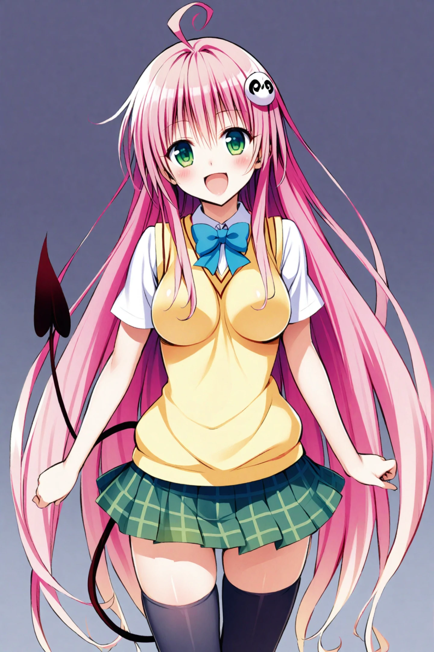 Yabuki Kentarou Style,
1girl,lala satalin deviluke,solo,long hair,pink hair,school uniform,green eyes,thighhighs,tail,smile,ahoge,skirt,open mouth,demon tail,sweater vest,zettai ryouiki,hair ornament,:d,breasts,black thighhighs,medium breasts,blush,very long hair,
<lora:super lora_flyx3_XL:0.8>,