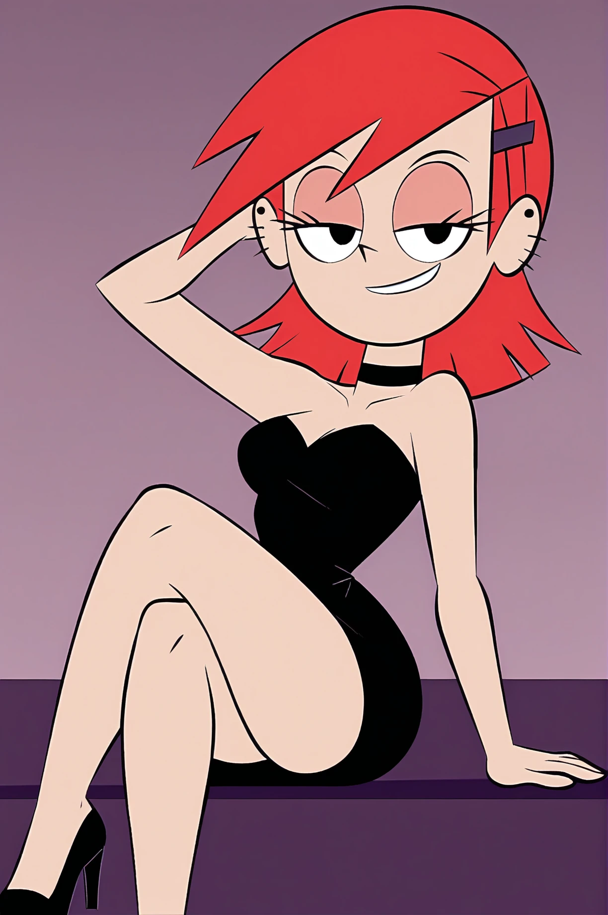 FrankieFoster, posing, black dress, crossed legs, thighs, smug, beautiful, arm up, head tilt, lowering her to top show tits, <lora:FrankieFosterCartoonXL-10:0.8>