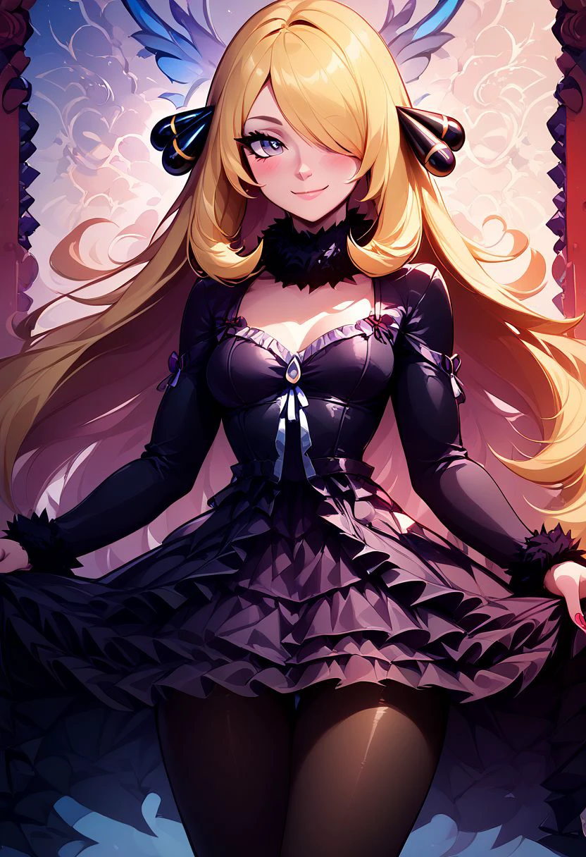 score_9, score_8_up, score_8, medium breasts, (curvy), cute, eyelashes,     
BREAK,
zzCynthia, solo, 1girl,  blonde, long hair, black coat, black pants,
BREAK,
 closed mouth, alternate costume, smile, nail polish, looking at viewer, hand up, blush, 
zzLFashion, frilled dress, frills, bow, dress, pantyhose,
zPDXL,