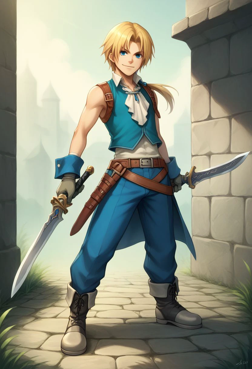 score_9, score_8_up, score_7_up, source_anime, highly detailed, 1boy, solo, 
zidane, 1boy, blonde hair, medium hair, monkey tail, low ponytail, parted bangs,  weapon,
male focus, solo, gloves, knife, boots, dagger, sword, blue eyes, holding, dual wielding, smile,
outdoor,