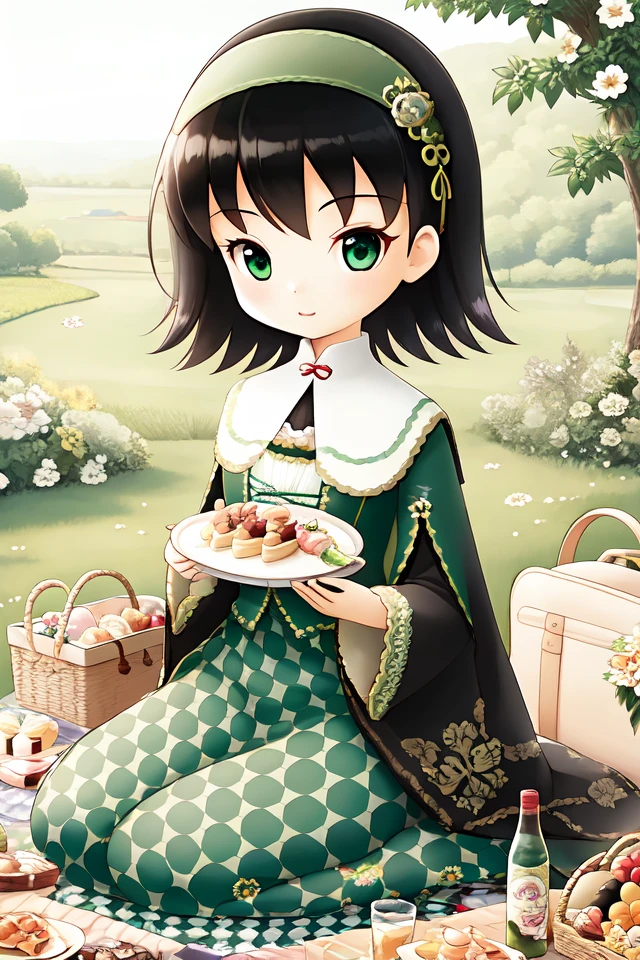 1 girl, outdoors, sitting, picnic,
 <lora:Harvest_Moon_Hero_of_Leaf_Valley_-_Dia:0.6> holvdia, black hair, short hair, green hairband, green eyes,
dress, long sleeves, green dress,