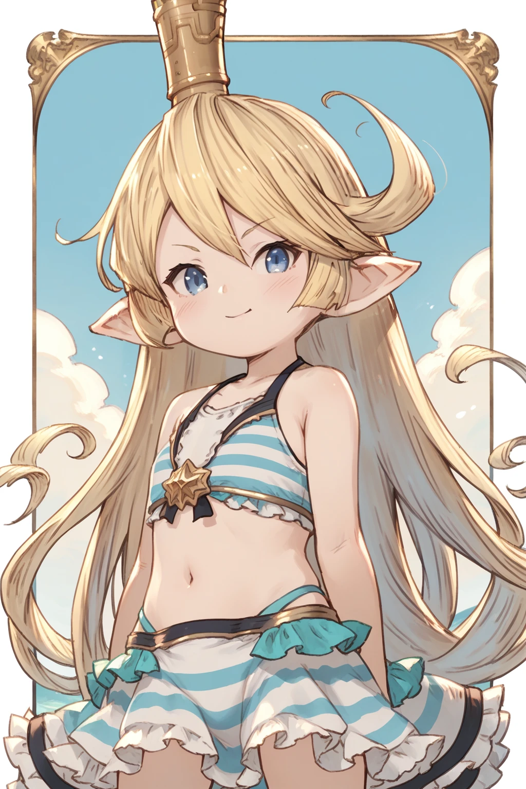 zPDXL, 1girl , <lora:Character_Charlotta_Granblue_Fantasy:1>, charlotta, granblue fantasy, dwarf,meadow background,  crown, blonde hair, blue eyes, pointy ears, solo female, swimsuit, bikini