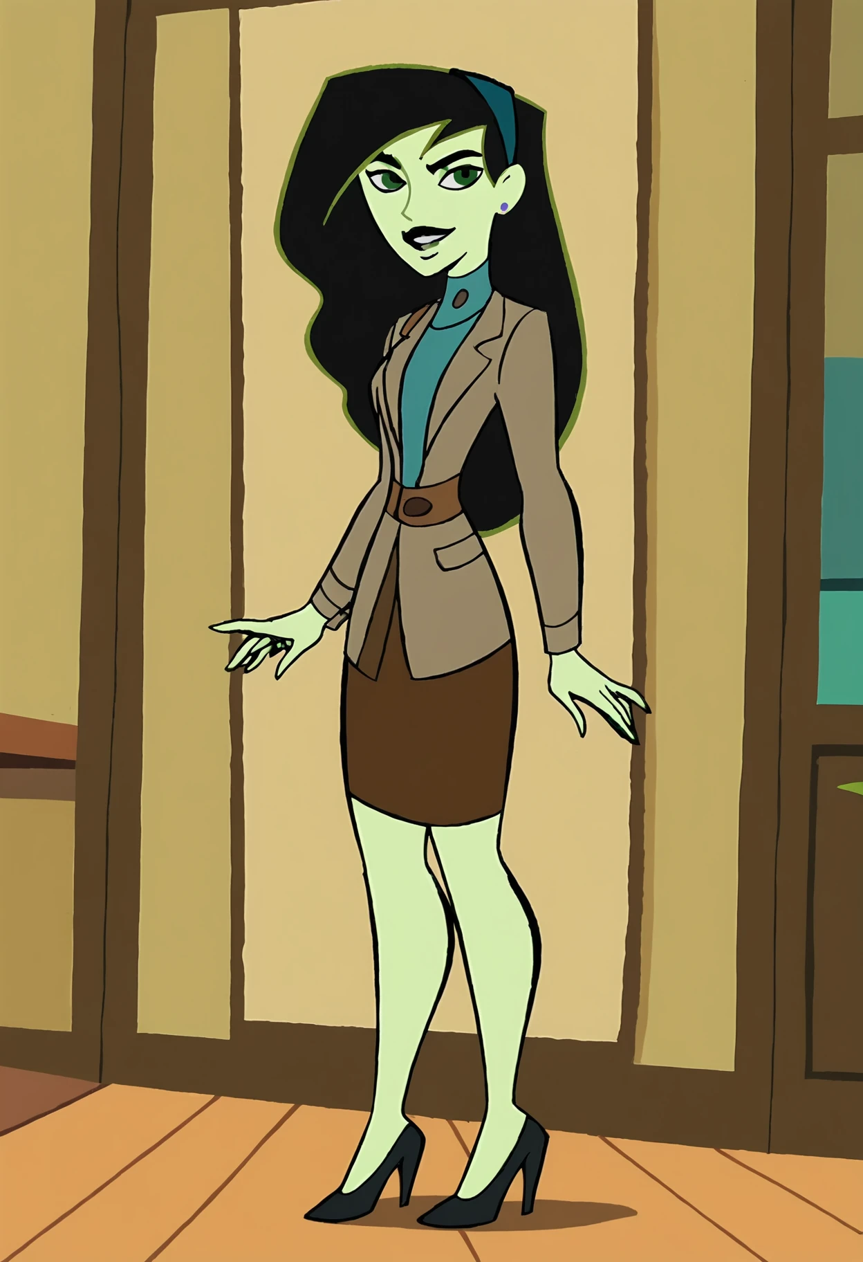 <lora:ShegoPony1.0:1>Shego, 1girl, jacket, solo, black hair, turtleneck, hairband, long hair, earrings, pencil skirt, black lips,smile, score_9, score_8_up, score_7_up, score_6_up, score_5_up, score_4_up, looking at viewer,indoors,high heels,