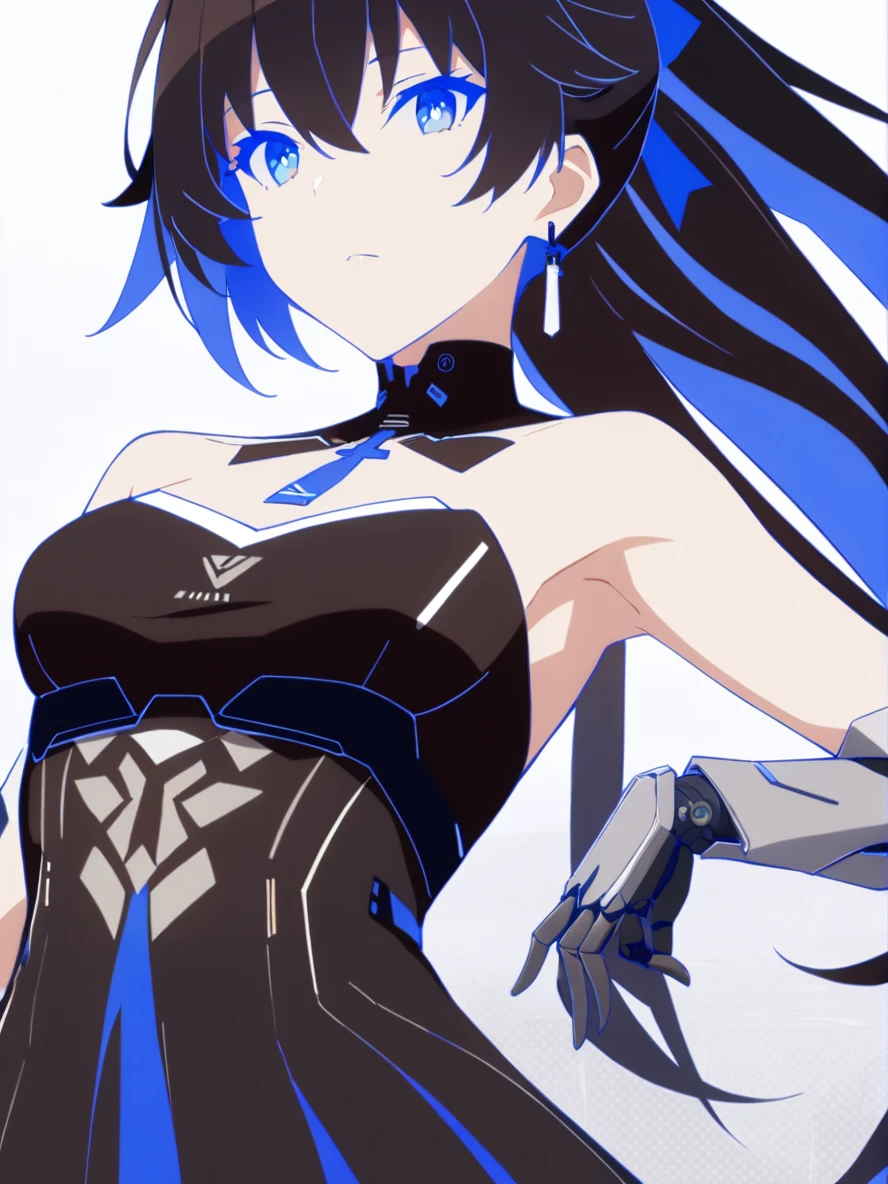 1girl,
selena \(punishing: gray raven\), punishing: gray raven,
solo, long hair, dress, black hair, hair between eyes, ponytail, mechanical arms, jewelry, ribbon, earrings, blue hair, single earring, blue ribbon, multicolored hair, bare shoulders, colored inner hair, black dress, white background,
masterpiece, best quality, safe
<lora:mki-ani31-style2-v1-000125:1>