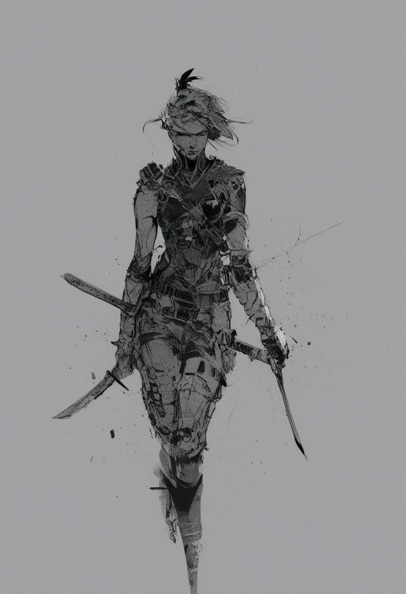 score_9, score_8_up, score_7_up, score_6_up, slender soldier woman holding sword, black and white, concept art, <lora:MGS_Concept_Art_Style:1>