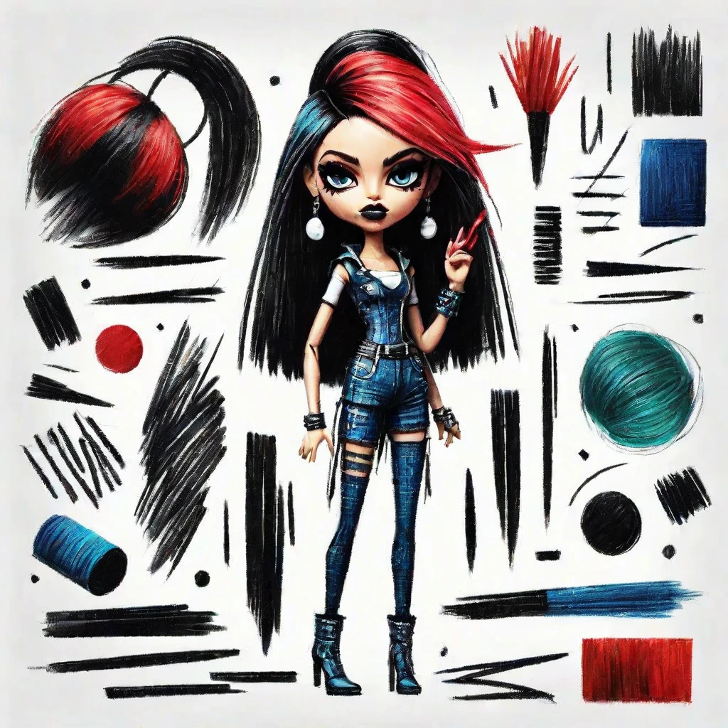 an avant-garde comic-style Bratz doll, embodying the bold and fragmented aesthetics of Picasso with the rebellious edge of punk. Her hair, styled in asymmetrical, geometric shapes, is adorned with Picasso-themed accessoriesâlike cubist hairpins, abstract shape clips, and colorful mosaic patternsâeach element painted in a vibrant palette of blues, reds, yellows, and greens