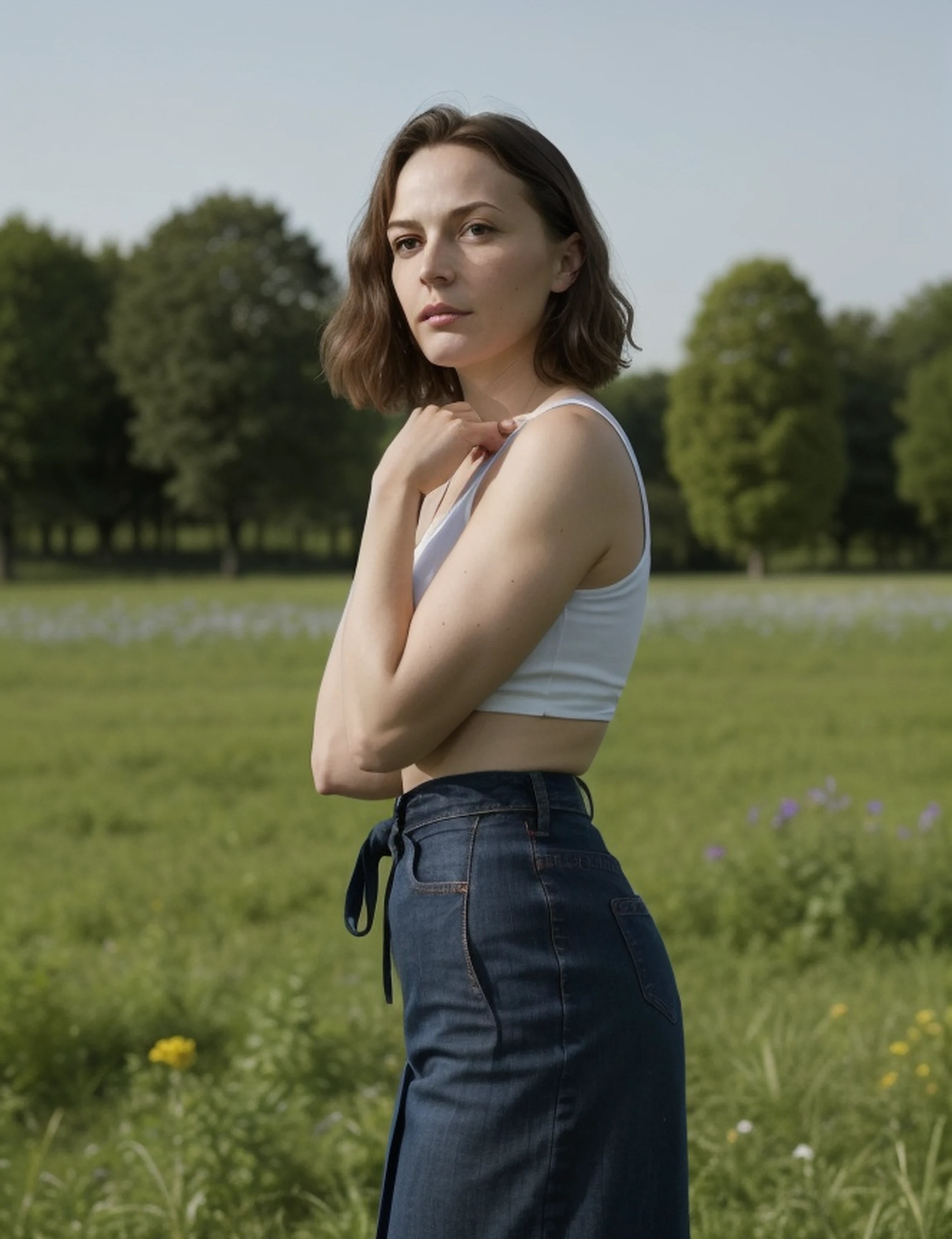 a professional absurdres photorealistic intricately detailed photograph of (AnastasiaProninaSD:1.1)
standing in a field of wildflowers in a parisian finance worker outfit,
bending at the waist,
<lora:AnastasiaProninaSD:0.8>,