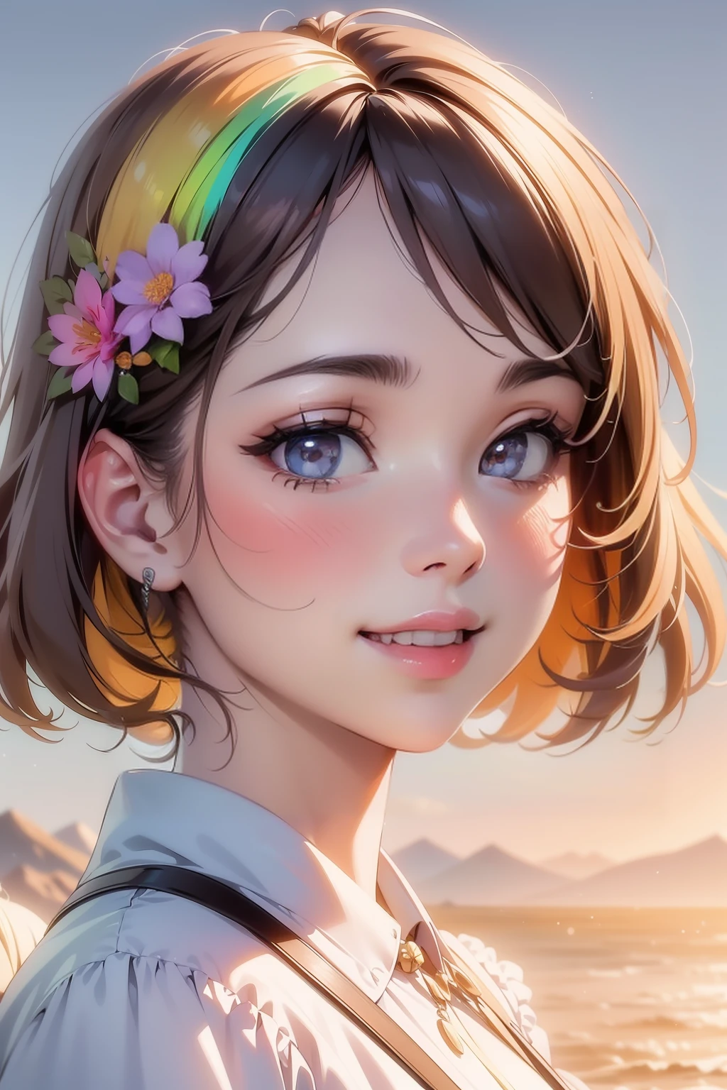 <lora:rainbow girl 1.1:0.8>,rainbow girl,(colorful:1.2),1girl,solo,smile,blush,flower,hair ornament,floral print,, edge quality, perspective silhouette, 8k, best quality, masterpiece, extremely detailed, rule of thirds, photorealistic, superb, HDR, high resolution, sharp focus, photorealistic rendering, extremely detailed description, professional, gorgeous and intricate detail,