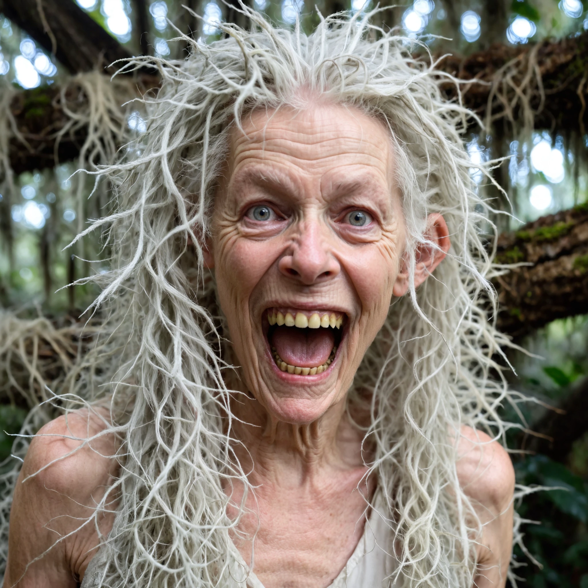 cinematic photo <lora:spanish_moss:0.7>, hair with spanish moss, feral old elven lady, (spanish moss hair), albino, fangs, feral snarl, grey eyes, haggard face, wrinkles, wild unkempt hair with spanish moss, soft lighting, highly detailed masterpiece, . 35mm photograph, film, bokeh, professional, 4k, highly detailed