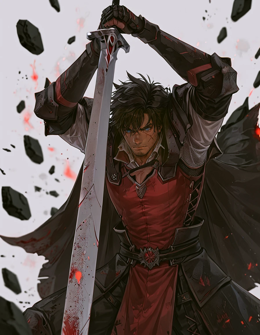 score_9, score_8_up, score_7_up,
source_anime,
two-handed,impaling,solo,short hair,blue eyes,black hair,gloves,1boy,holding,weapon,male focus,sword,cape,holding weapon,armor,blood,facial hair,scar,holding sword,pectorals,muscular male,shoulder armor,gauntlets,scar on face,shield,serious,injury,blood on face,rock,fighting stance,stubble,knight,debris,hyur,greatsword
<lora:impaling:0.8>