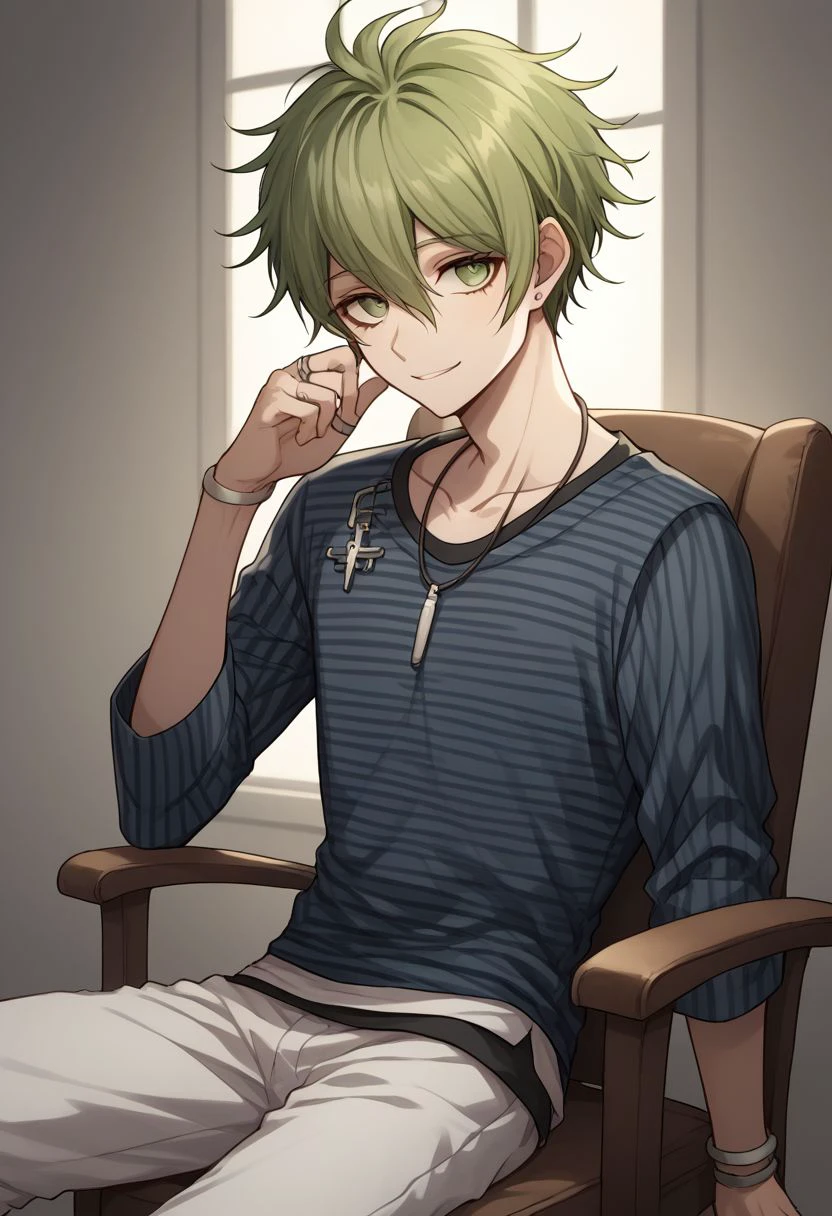 score_9, score_8_up, source_anime, highly detailed, 1boy, solo, skinny
rantaro, male focus, 1boy, jewelry, solo, shirt, smile, striped, ring, short hair, green hair, bangs, collarbone, green eyes, striped shirt, 
indoor, sit, chair, reverce chair,