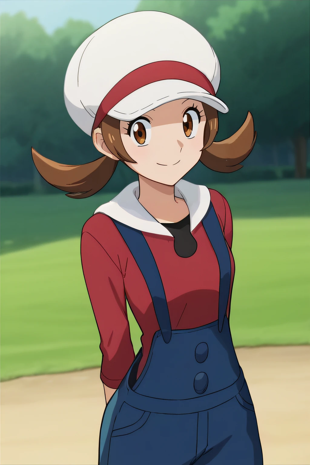 score_9, score_8_up, score_7_up, source_anime, rating_safe, intricate details, anime screencap, official style, <lora:Lyra:1>, lyra, brown eyes, red shirt, white headwear, blue overalls, standing, looking at viewer, cowboy shot, outdoor, smile, arms behind back