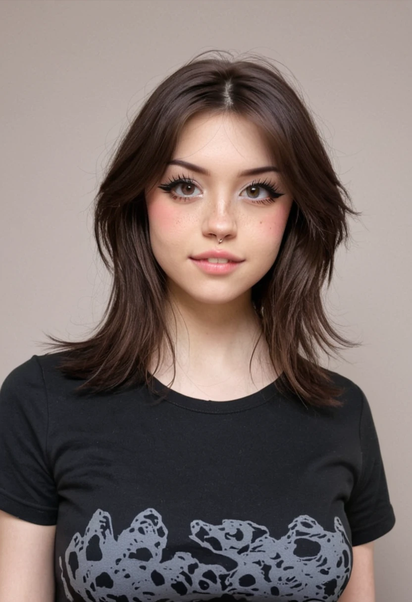 a girl, full headshot breasts, simple black printed tshirt, hannahowoxl, <lora:HannahXL:0.8>