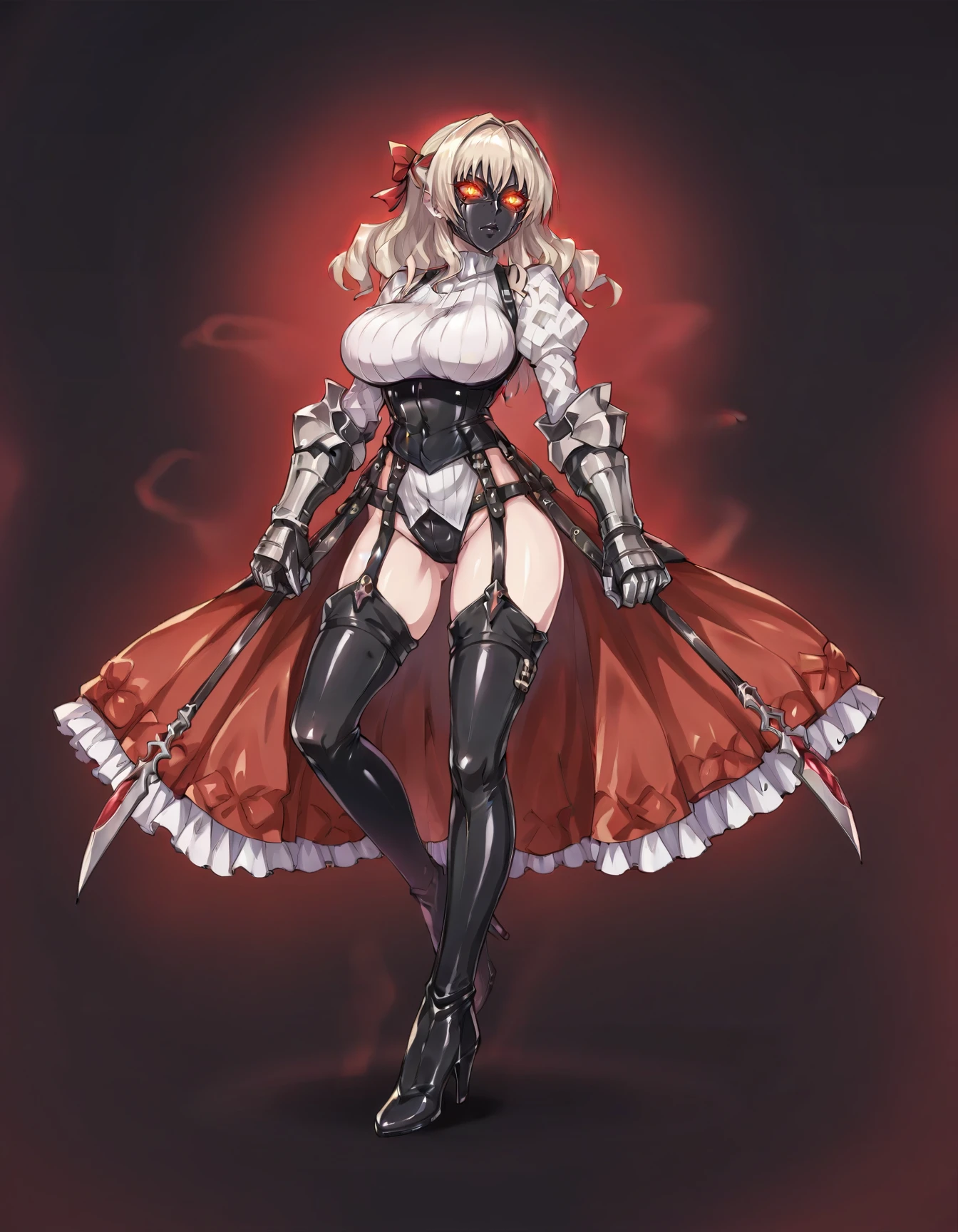 score_9, score_8_up, score_7_up, score_6_up, score_5_up, score_4_up, BREAK source_anime, <lora:UOScarlet:0.6>, UOScarlet, large breasts, high heel boots, <lora:Masked_Evil-000012:0.8>, MEvil, mask, red eyes, glowing eyes