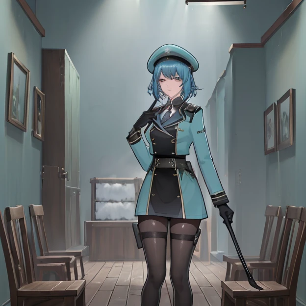 masterpiece, best quality, perfect image, best image, wallpaper, HD, UHD, best lighting, amazing, guard, blue hair, painter hat, green military uniform, gloves, pantyhose, holsters, black undershirt, short hair, detailed face