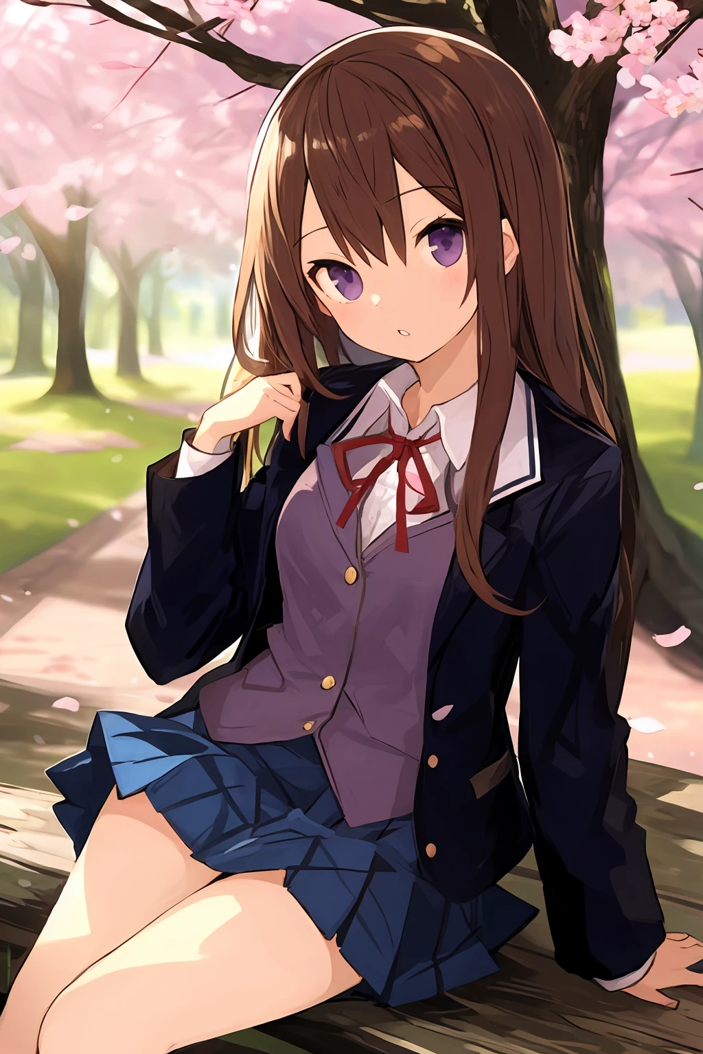 1girl, solo, cherry_blossoms, skirt, long_hair, shirt, tree, school_uniform, jacket, looking_at_viewer, brown_hair, ribbon, white_shirt, pleated_skirt, petals, sitting, purple_eyes, bangs, outdoors, collared_shirt, long_sleeves, parted_lips, breasts, neck_ribbon, in_tree, open_clothes, flower, blurry, blurry_background, open_jacket, black_jacket, medium_breasts, blazer, blue_skirt, branch, sitting_in_tree,<lora:æç«é³æµª-000030:0.6>,