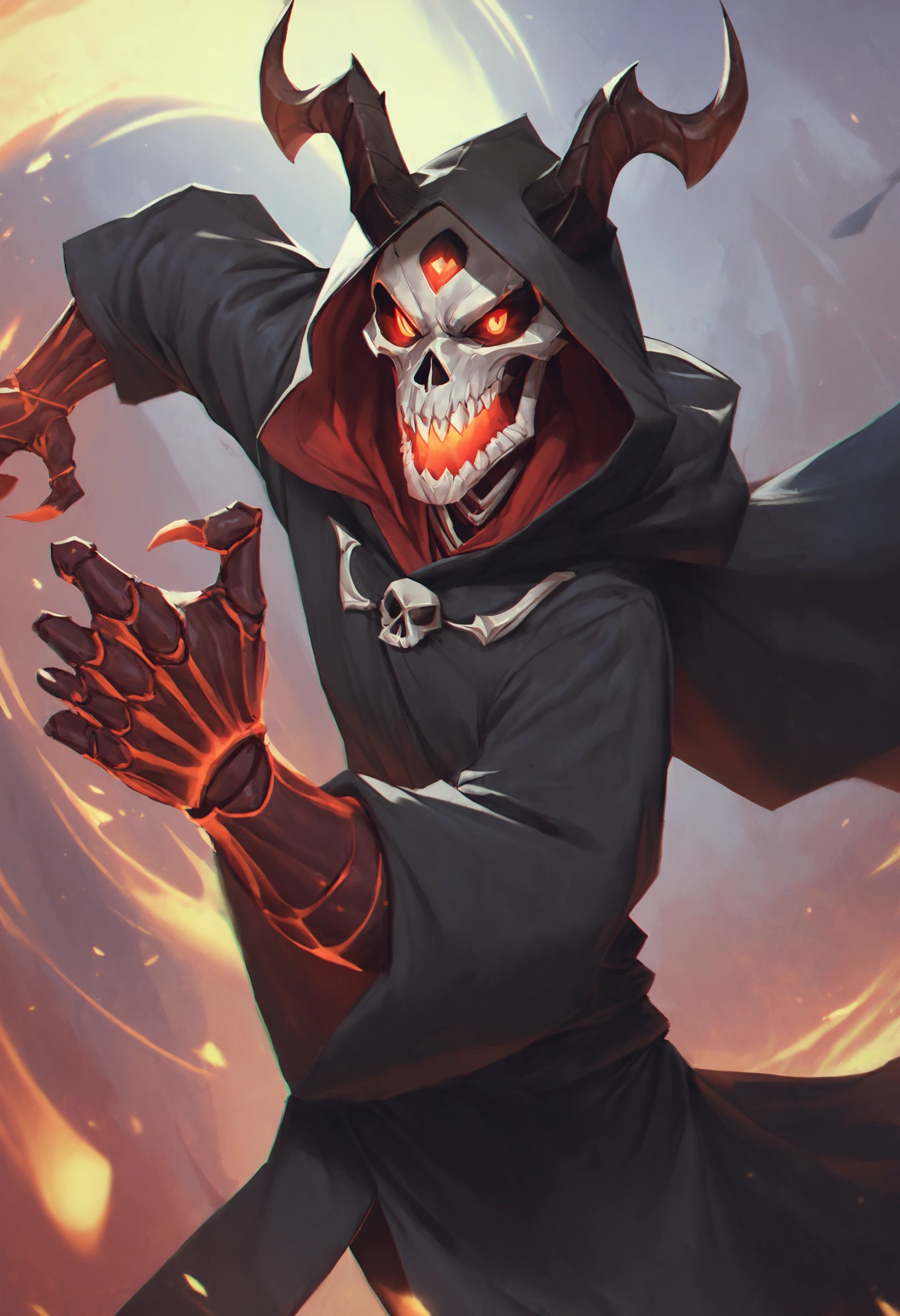 <lora:mgxt:1> score_9, score_8_up, score_7_up, mgxt, grim reaper, solo, horns glowing, skull face, skeleton hands, active pose, wearing black robe, hood,