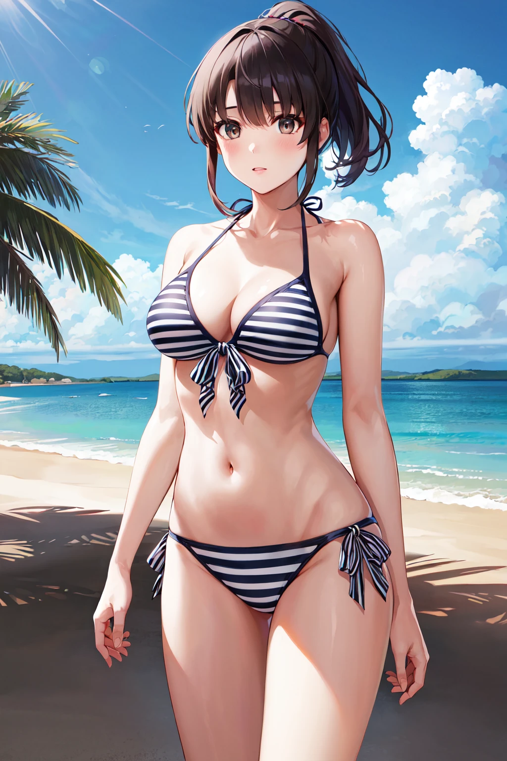 top-quality、​masterpiece、超A high resolution、Anime girl in bikini on the beach where the sun is shining, ((Detailed depiction of a beautiful face))、realistic bikini, Blue Bikini, Ilya Kuvshinov. 4 k, Swimsuit, Smooth Anime CG Art, Photorealistic perfect body, Detailed Digital Anime Art, photorealistic anime girl render, realistic shaded perfect body, Cute Bikini, attire: bikini of, [ 4 k digital art ]!!、 8k high quality detailed art、Wallpaper、