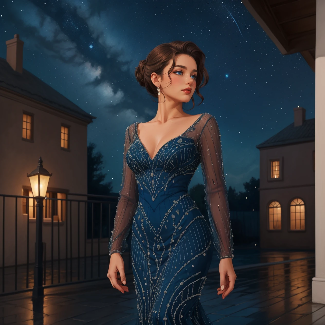 1girl, solo, brown hair updo, lipstick, standing, hud_bl_gwn, long blue V Neck beaded mermaid dress, see-through, long sleeves, <lora:blue_gown-000008:0.8>, courtyard, night sky