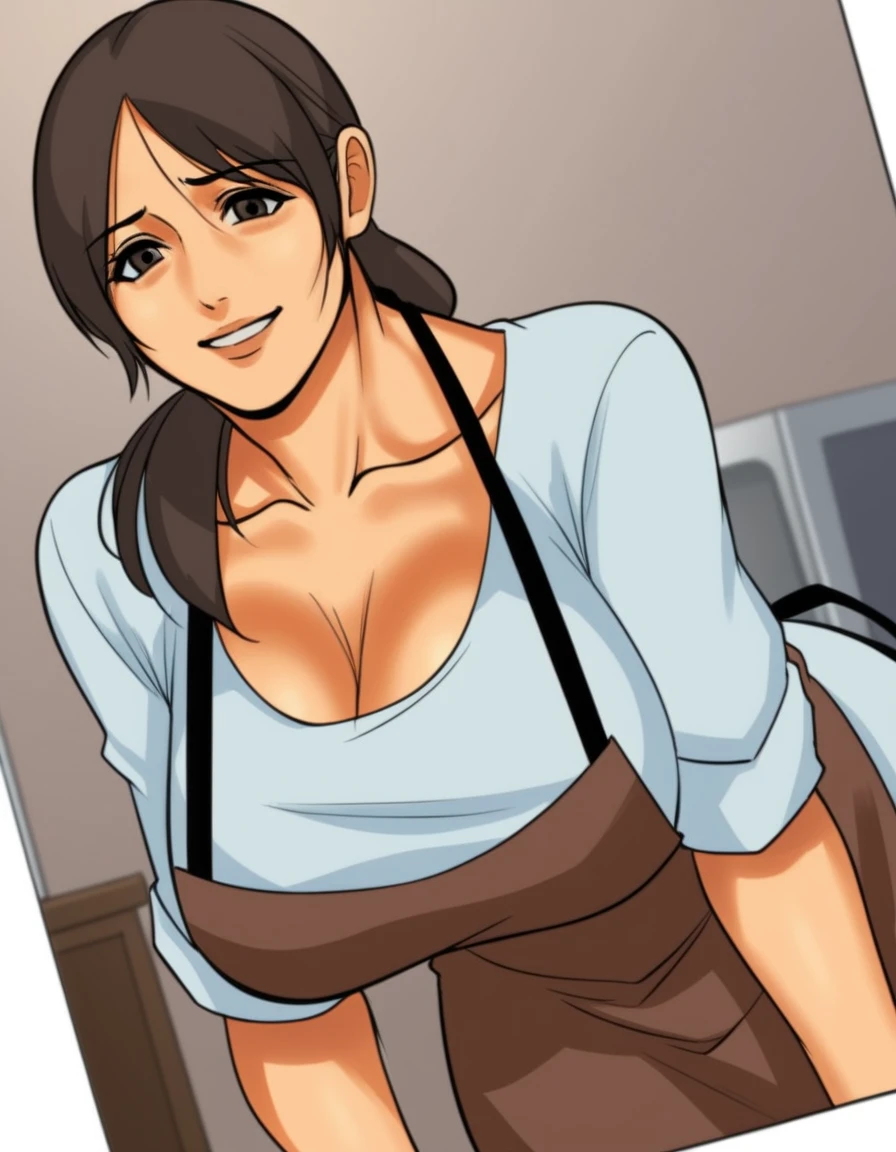 score_9, score_8_up, score_7_up, source_anime,
sacrificialmother, <lora:sacrificial-mother-manga-ponyxl-lora-nochekaiser:1>,
mother, long hair, large breasts, brown hair, black hair, ponytail, huge breasts, mature female,
cleavage, apron, shirt, collarbone, rolled up sleeves, skirt,
indoors, bent over, smile,
looking at viewer, dutch angle, cowboy shot, solo,