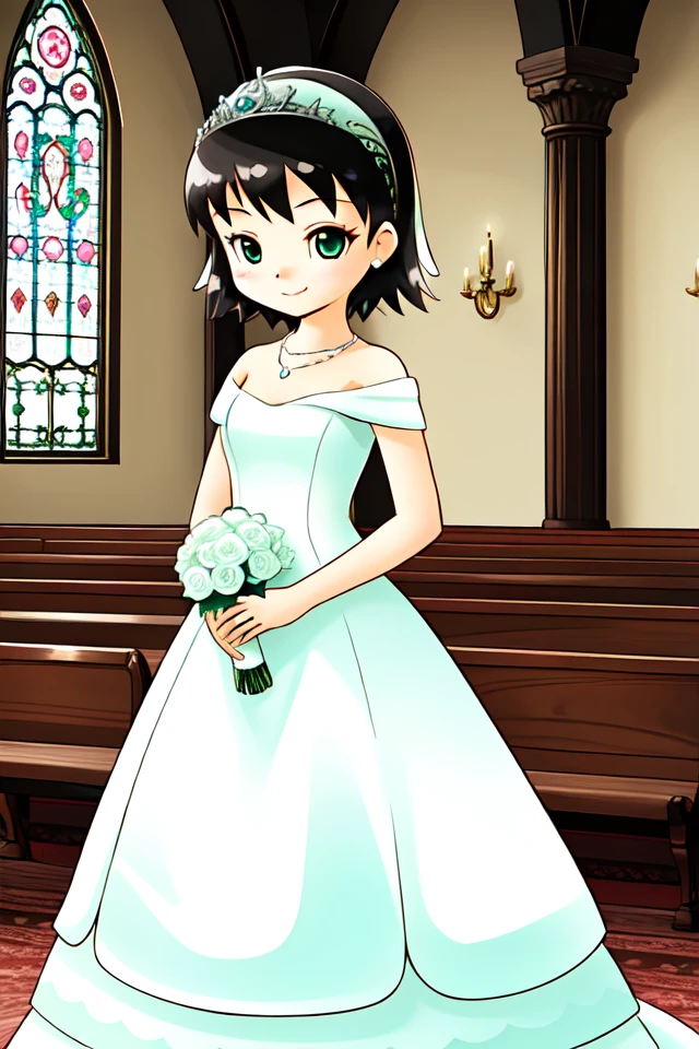 1 girl, indoors, church, standing, smile,
 <lora:Harvest_Moon_Hero_of_Leaf_Valley_-_Dia:0.6> holvdia, black hair, short hair, green hairband, green eyes,
tiara, necklace, wedding dress, bare shoulders, sleeveless dress,