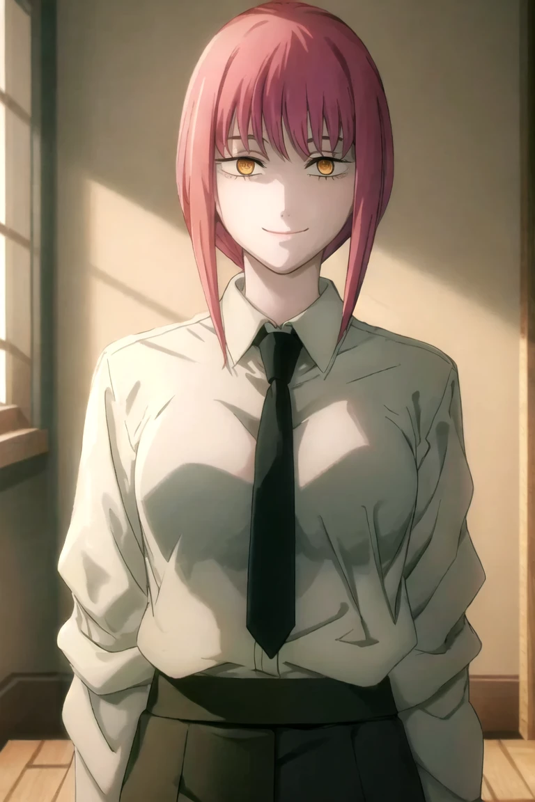 makima, 1girl, smile, closed mouth, looking at viewer, solo, white shirt, long sleeves, collared shirt, black necktie, black pants, stand, indoors