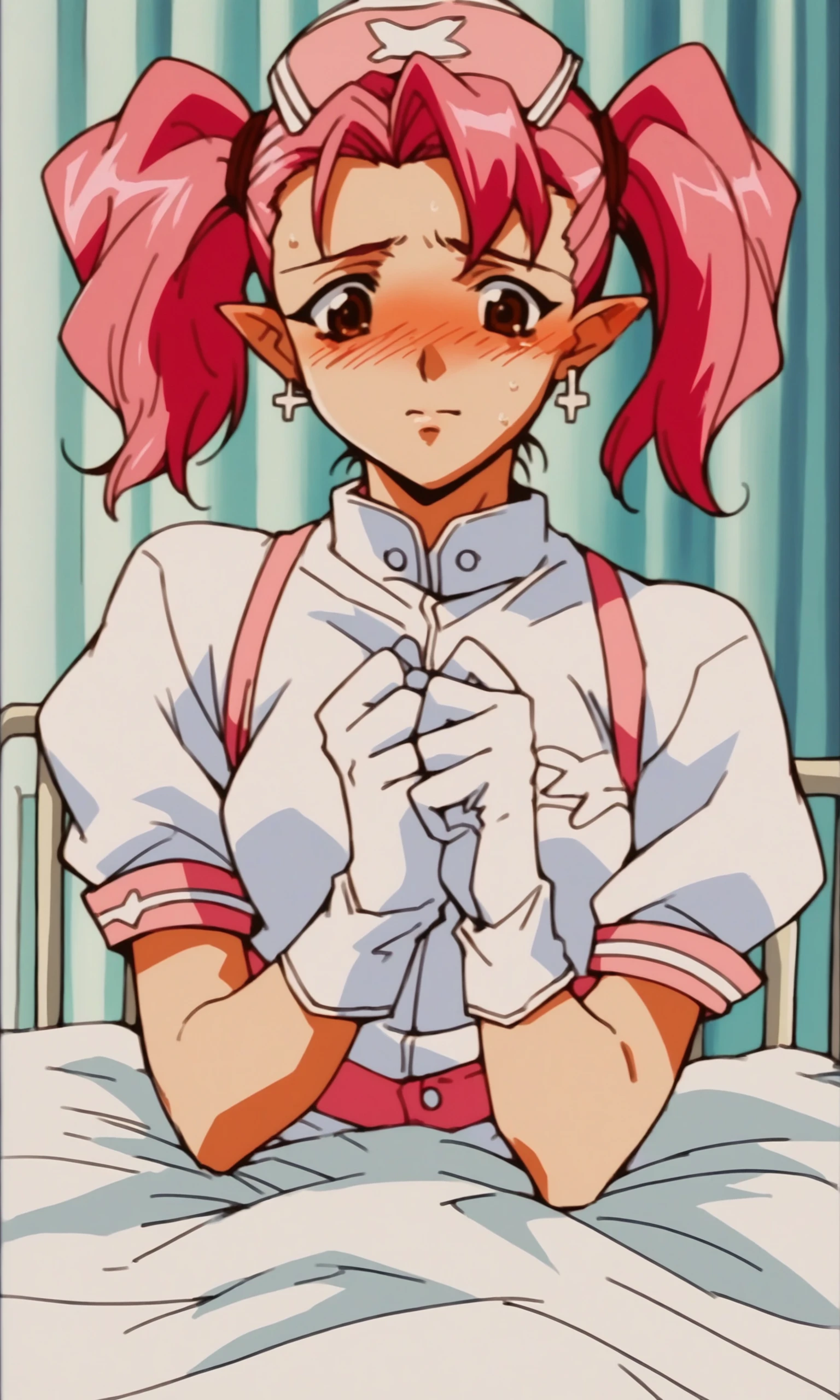 (score_9,score_8_up,score_7_up),source_anime,
1990s anime,1girl, dolce, brown eyes, pointy ears, white gloves, earrings, pink hair, twintails, hospital, on bed, nurse outfit, nurse cap, blush, embarrassed