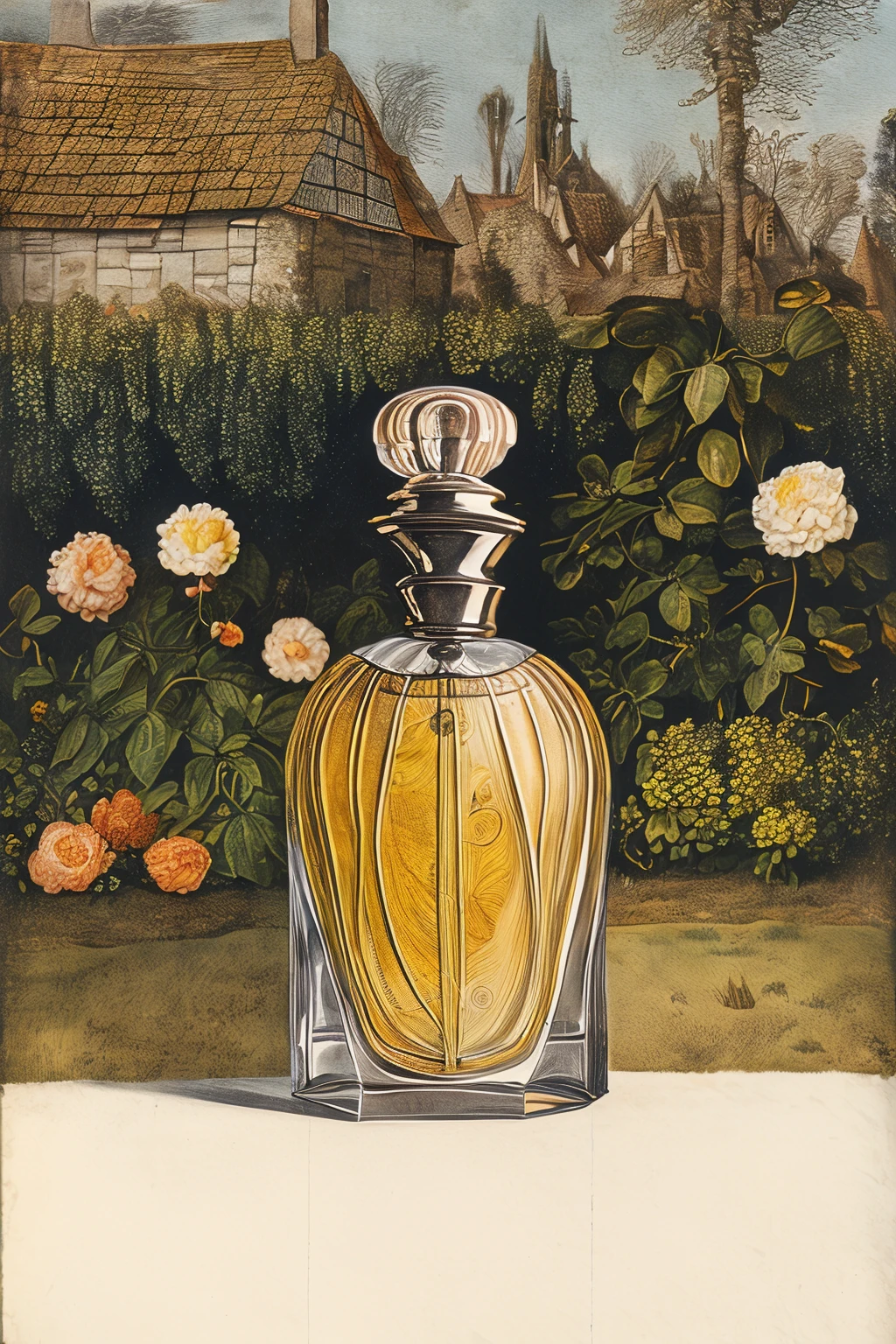 masterpiece,best quality,<lora:tbh183-:1>,illustration,style of Albrecht Durer, A bottle of perfume in garden