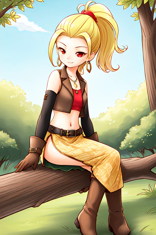 1 girl, outdoors, forest, sitting on log, smile,
 <lora:Harvest_Moon_Hero_of_Leaf_Valley_-_Gwen:0.5> holvgwen, blonde hair, red eyes, ponytail, red scrunchie, earrings, forehead,
brown vest, red bandeau, midriff, belt, yellow skirt, long skirt, thigh slit, black socks, brown gloves, detached sleeves, bare shoulders, brown boots, necklace,