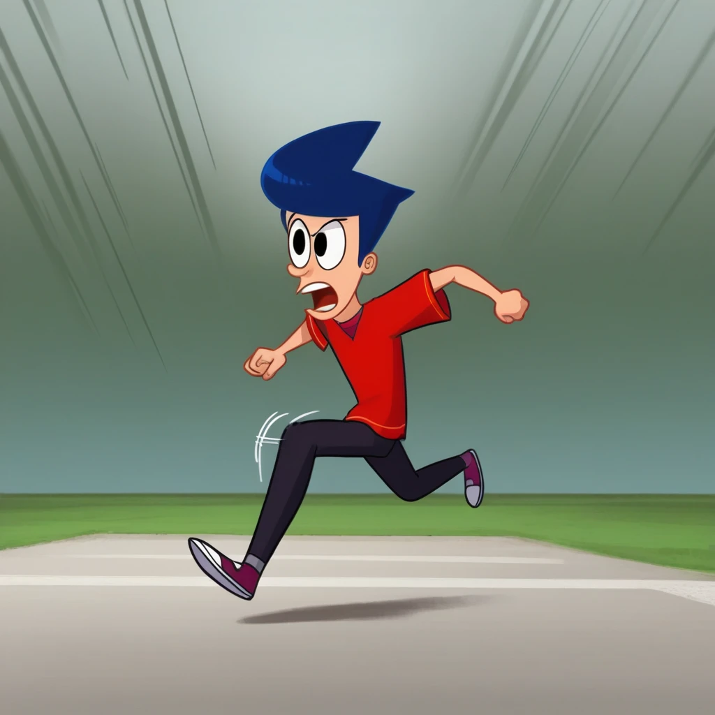 score_7_up, BREAK, source_cartoon, 1boy, solo, Blake, blue hair, black eyes, red shirt, black pants, <lora:Get_Blake_PXL_Leaf1:1> , outdoors, running, speed lines,