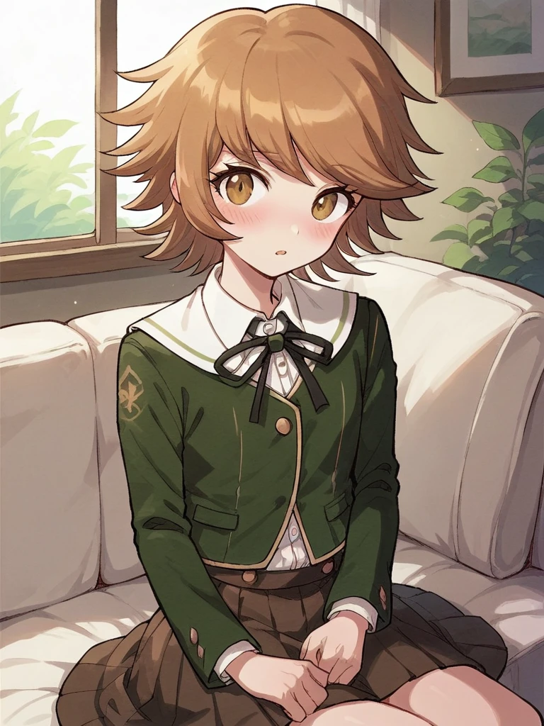 score_9, score_8_up, score_7_up, 
1boy, androgynous, fujisaki chihiro, brown eyes, brown hair, short hair, flipped hair, 

brown skirt, green jacket, black neck ribbon, blush, looking at viewer, indoors, sitting, on couch,

