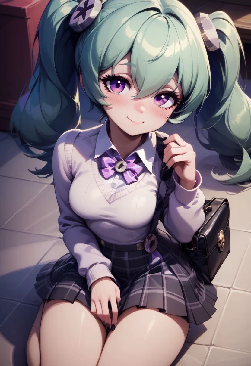 score_9, score_8_up, score_8, medium breasts, (curvy), cute, eyelashes,     
BREAK,
corin wickes, 1girl, green hair, purple eyes, hair between eyes, twintails, blush, 
BREAK,
 closed mouth, alternate costume, smile, nail polish, looking at viewer, hand up, collared shirt, blush, sweater, black skirt, black nails, eyelashes, long sleeves, sleeves past wrists, plaid skirt, shoulder bag, black bag, blurry, tile floor, pleated skirt, white shirt,
zPDXL,